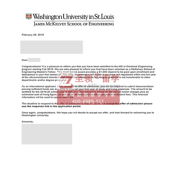2019年圣路易斯华盛顿大学电子工程硕士OFFER 2019年圣路易斯华盛顿大学电子工程硕士OFFER